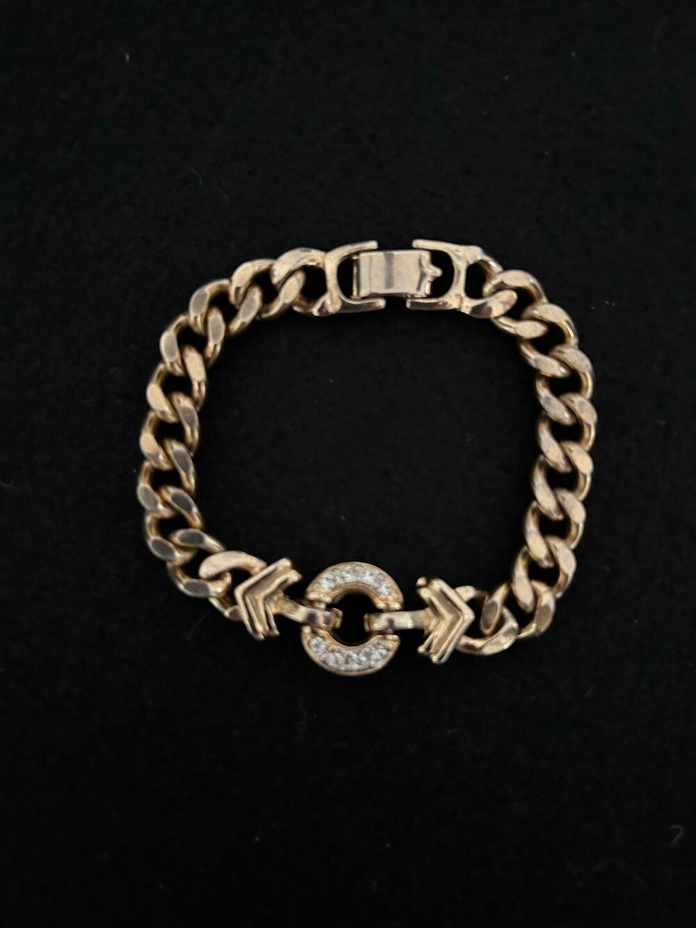 Vintage Les Bernard Stamped Chunky Gold Tone Curb Chain with Pave centerpiece